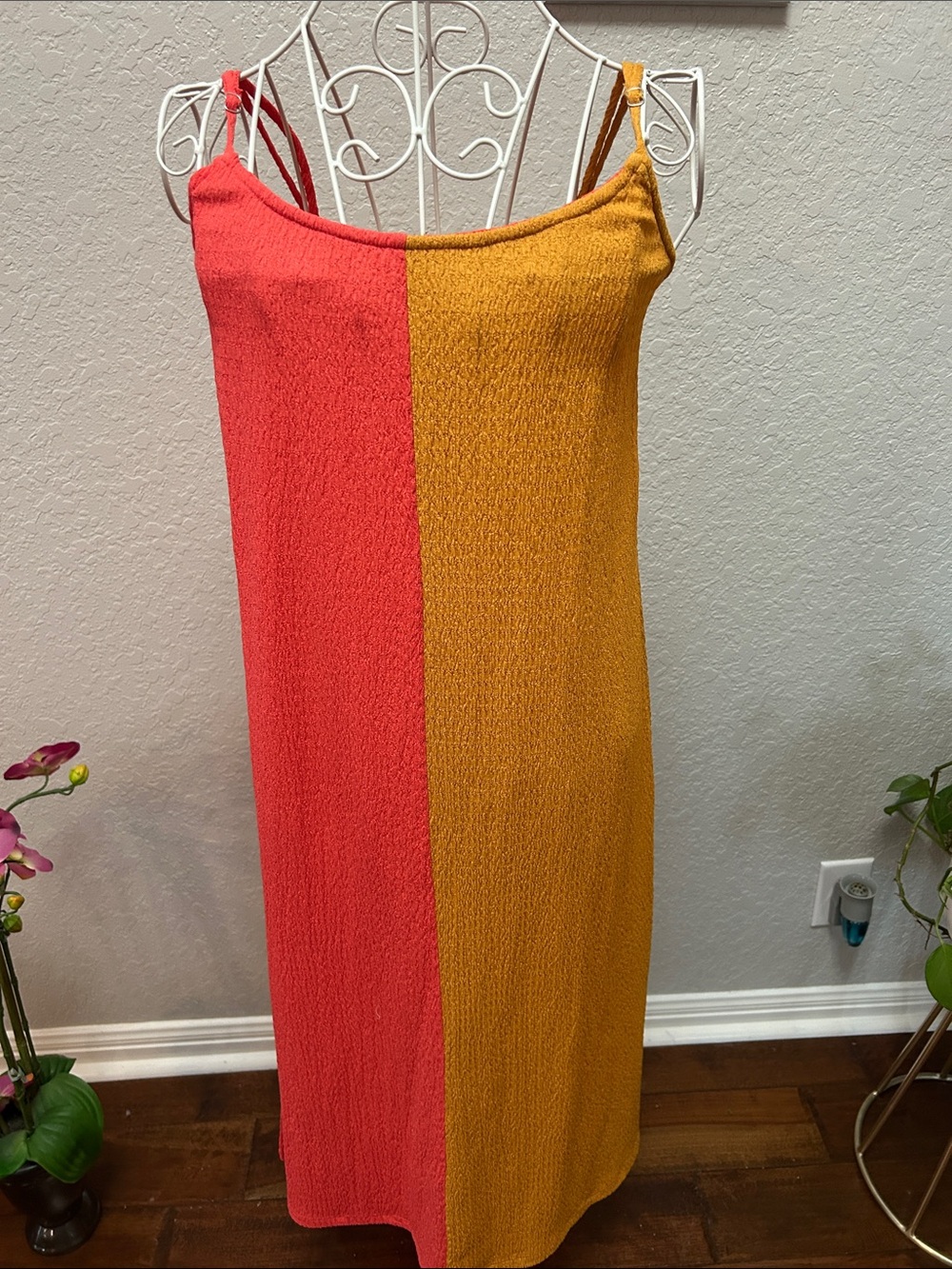 Colorblock Spaghetti-Strap Midi Dress in Coral and Mustard by Antropolgie M - Picture 1 of 3